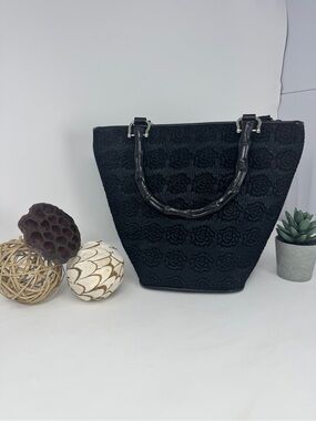 Braciano Black Textured Rose Tote Bag with Faux Bamboo-Style Handles